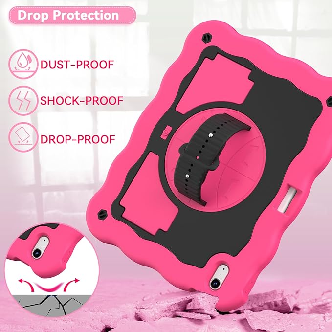 ZoneFoker for iPad A16 11th Generation 2025 / 10th Gen Case 2022, for 11 Inch / 10.9 Inch iPad Case Heavy Duty Cover Shockproof with Pencil Holder [360° Rotate Strap] & Stand, Hot Pink