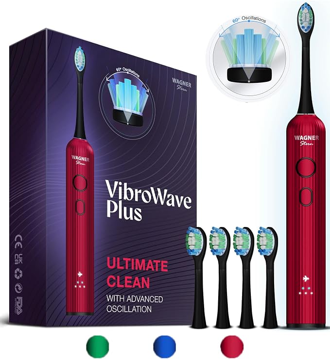 Wagner Stern VibroWave Plus Oscillation & Vibration Sonic Electric Toothbrush with 4 Brush Heads. IPX7 Waterproof.