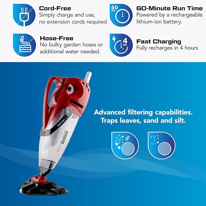 POOL BLASTER Pulse XL 350 Inground & Above Ground Pool Vacuum - American-Engineered Cordless Hoseless Vac with Auto-Start & XL Debris Chamber - Rechargeable Cleaner with 10.5" Head & 60 Min Runtime