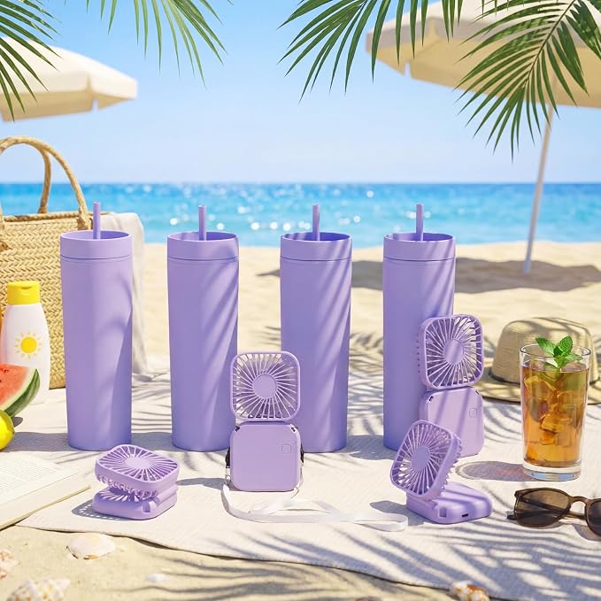 Reallnaive 12 Pcs Skinny Tumbler Bulk and Mini Portable Fans Set for Summer, 16 oz Plastic Cups with Lids Straws and Small USB Rechargeable Handheld Fan for Cooling Gift (Purple)