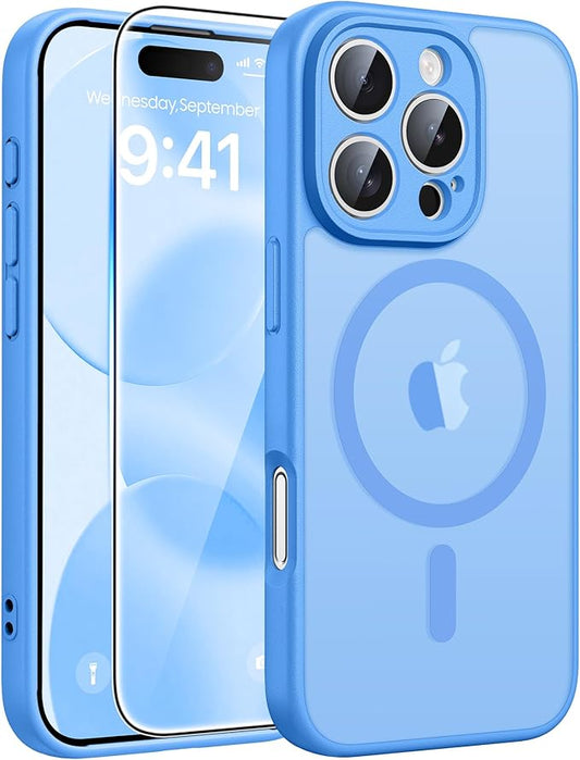 FNTCASE for iPhone 16 Pro Max Case: [Compatible with Magsafe] Translucent Matte Cases with [Full Camera Protection] [Screen Protector] Military Grade Shockproof Protective Phone Cover - Ice Blue