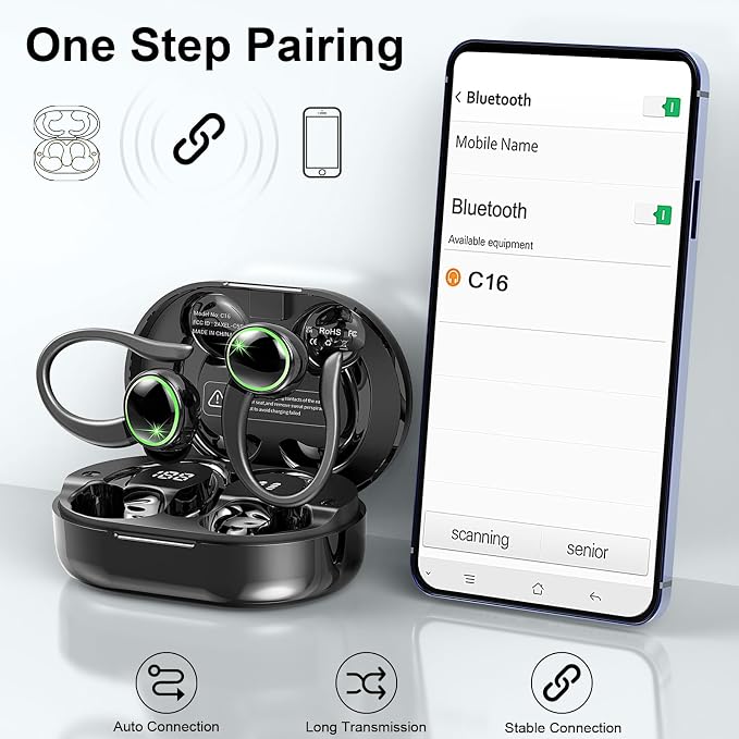 Wireless Earbuds, 2026 Bluetooth 5.4 Headphones Sports, 50 Playback Over-Ear buds with 4 ENC Noise Cancelling Mics Deep Bass Fitness Earphones Gym Running Workout, IP7 Headset with Earhook LED Display