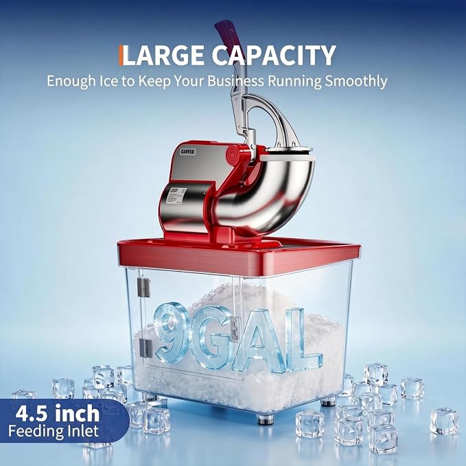 Commercial Ice Crusher 661LBS/H, 300W Electric Snow Cone Machine with 4 Stainless Steel Blades, 1450RPM, 8.98Gal Hopper Shaved Ice Maker with Safety On/Off Switch for Home, Restaurants, Bars, Red