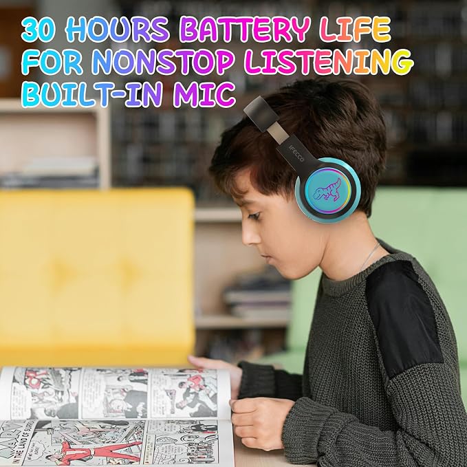 IFECCO Wireless Kids Boys Headphones with Microphone,Cute Light Up Dinosaur Children Boys Bluetooth Headphones with Case for School Travel Gifts
