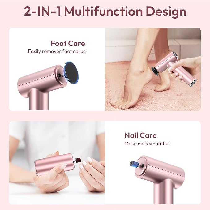 Electric Foot Callus Remover - 2 in 1 Rechargeable Electric Callus Remover for Feet, Pedicure Tools with 70pcs Sandpapers, Professional Foot Scrubber File for Dead Skin - Pink