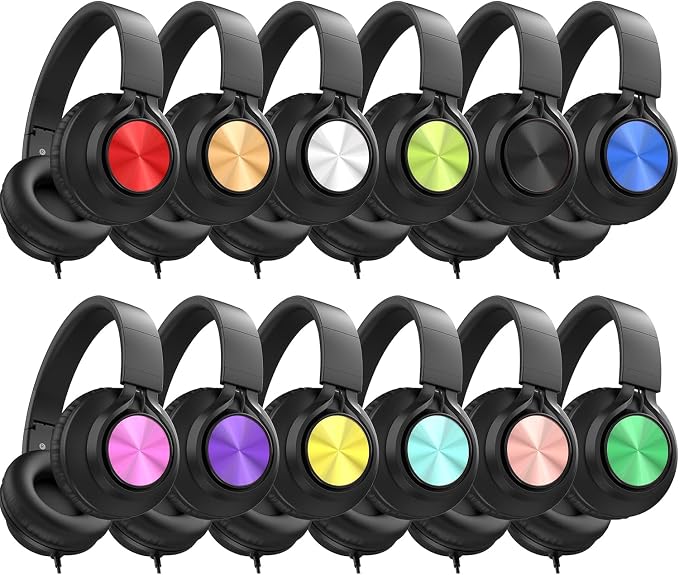 AILIHEN Headphones Wired 12-Pack Bulk for School Students Kids K-12 Classroom，Adjustable, Foldable, Over-Ear Headsets with Microphone HD Stereo Sound 3.5mm Jack for Chromebook, Laptop (Multicolor)
