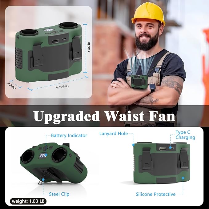 20000mAh Portable Waist Fan, Personal Fan Clip on with 5 Speeds & 40H Cooling, 20000RPM Wearable Shirt Belt Hands-Free Neck Fan for Outdoor Hiking Travel Jobsite Worker (Green)