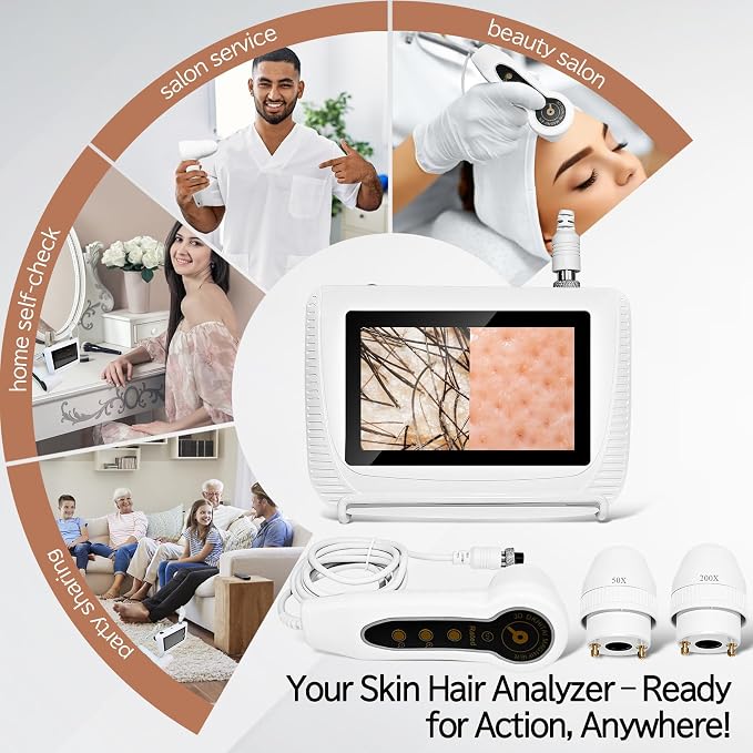 Skin Hair Analyzer, Professional Digital Scalp Analysis Machine with 50x/200x Lenses, Microscope Scanner for Skin Detector, Rechargeable, 5 Inch High-Definition Lcd Display