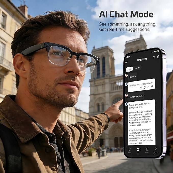 AI Smart Glasses for Men Women,8MP 4K HD Camera Glasses,Supports AI Voice Control/Photo/Video/Audio Recording,Bluetooth Camera Glasses with 133 Translations,IP67 Waterproof for Business & Outdoor