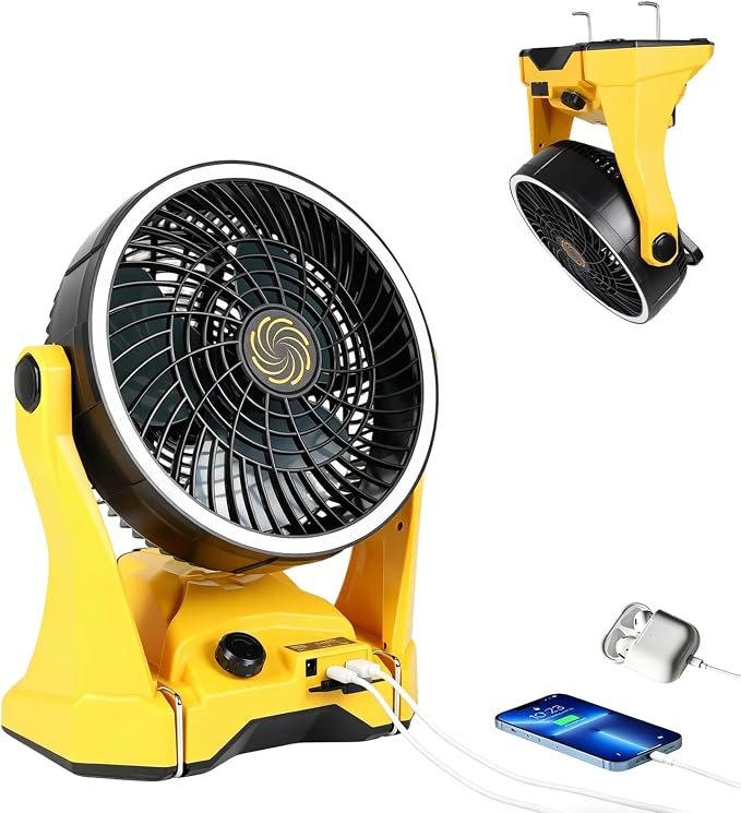 Cordless Fan for DeWalt 20V Battery – 10 Inch 650CFM Jobsite Fan for Construction Workers, Electricians & Garage Use | Variable Speed, 4.5Hr Runtime, USB-C Charging, Battery or AC Powered | Tool Only