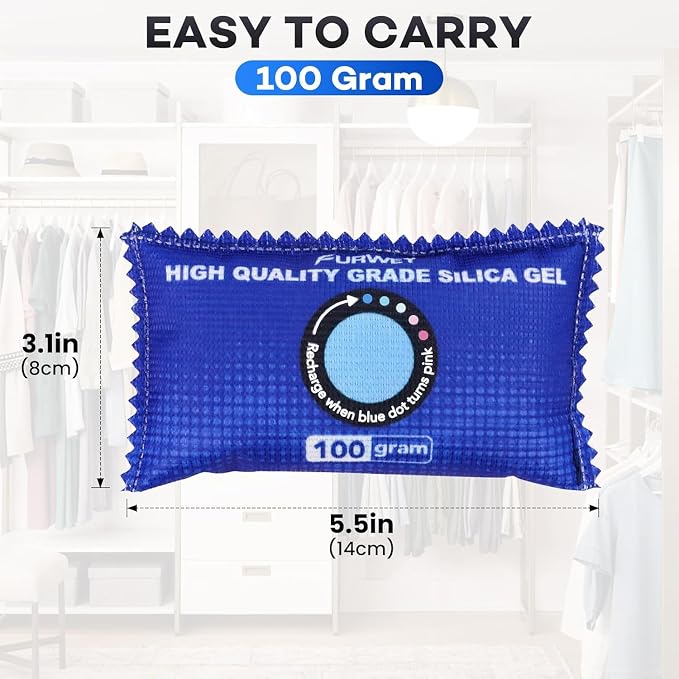 FURWEY 2 Pack Rechargeable Desiccant Packs, 100g Each, Blue, Color Indicating Silica Gel Dehumidifier Bags for Storage, Closets, Cars, Bins