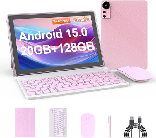 Tablet 10.1Inch Android 15.0, RAM 20GB(4+16Expand)+ROM 128GB, 6000mAh Battery, 2+8MP Dual Camera, 1280 * 800 IPS HD Touch Screen Tab PC Set with Keyboard+Mouse+Protective Case+Stylus (Pink)
