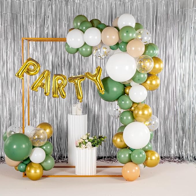 Restaurantware-Balloonify Balloon Garland Set, 1 Party Decoration Kit - 114 Balloons, With Chain, Green, White, & Gold Latex Balloon Arch Kit, Includes Glue Dots
