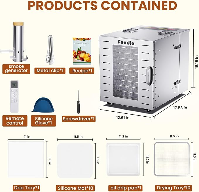 Food Dehydrator for Jerky, 10 Stainless Steel Trays, 1000W Fruit Dehydrator, 24H Timer and 194°F Temperature Control, Overheat Protection, Food Dryer for Jerky, Herbs, Fruit, Dog Treats, Remote