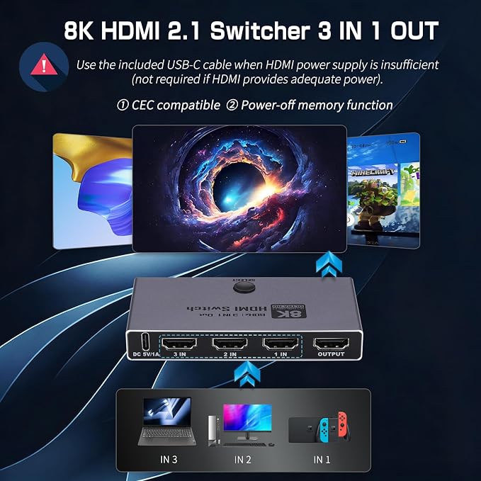 2026 Upgrade 8K HDMI 2.1 Switch, HDMI 2.1 Switcher 3 In 1 Out Supports CEC 8K@60Hz, 4K@240Hz, 1080P@480Hz HDCP 2.3 HDR Dolby Atmos VRR Compatible with PS5 Xbox Blu-Ray Player with IR remote controller