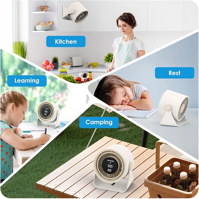 Minthouz Desk Fan - Touch Control LED Display, Premium USB Fans 3600mAh Rechargeable Battery, 6 Speeds, 90° Tilting - Portable for Home, Office, Travel, Camping, Kitchen (Beige)