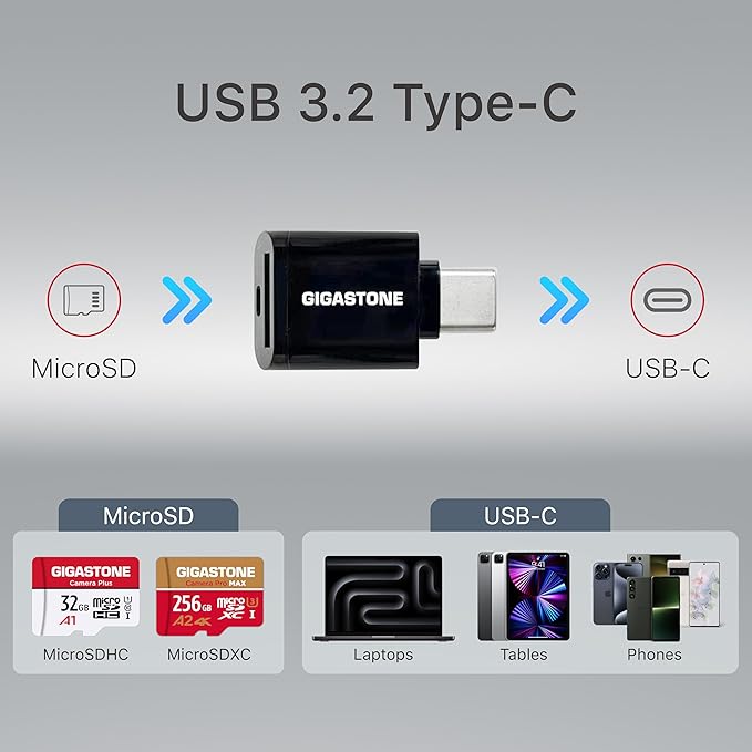 【5-Years Data Recovery】 GIGASTONE 64GB Micro SD Card with USB 3.2 Type C Card Reader, Camera Pro MAX, Speed Up to 100MB/s Compatible with Gopro, DJI, Dash Cam, microSDXC UHS-I A2 V30 U3 C10