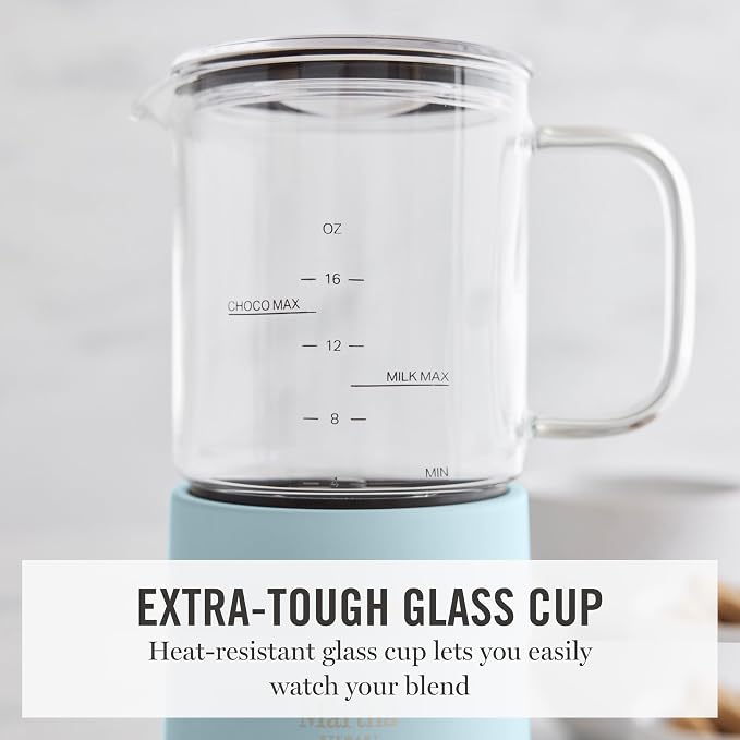 Martha Stewart Milk Frother and Steamer, 10oz/300ml Glass Cup, 4 Presets (Cold Foam, Light, Dense & Hot Chocolate), Ready in 90 Seconds, Cordless Pouring, One-Touch for Hot and Cold Milk, Sky Blue