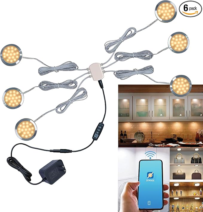 Smart LED Puck Lights, Dimmable Under Cabinet Lighting with Bluetooth App Control, Music Sync, Timer, DC 12V Adaptor (6Pack, Warm-White)