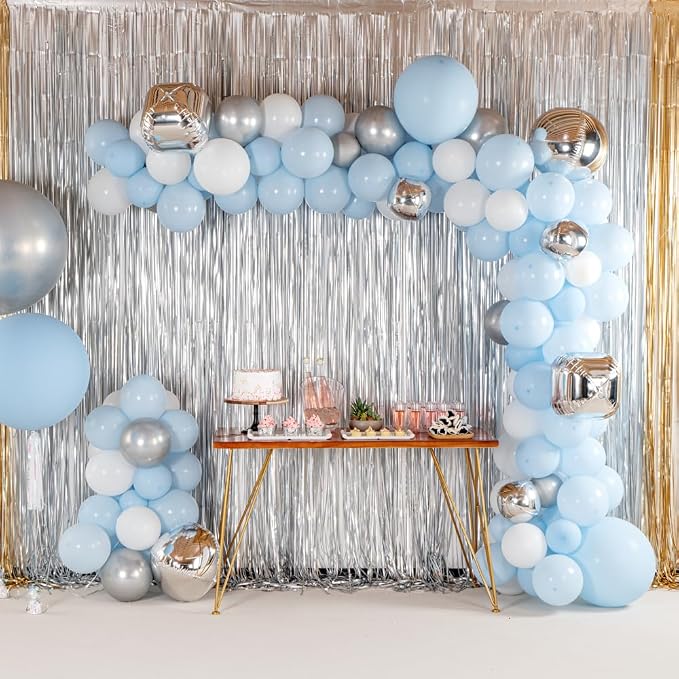 Restaurantware-Balloonify Balloon Garland Set, 1 Party Decoration Kit - 139 Balloons, With Chain, Blue, White, & Silver Latex Balloon Arch Kit, Includes Glue Dots