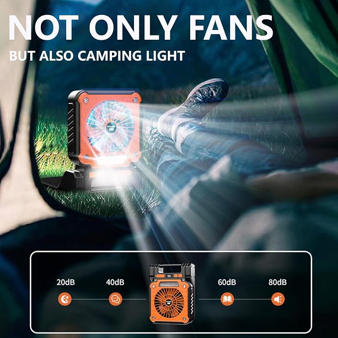 Solar Powered Rechargeable Fan with Light - 3 Speed Portable USB-C Hanger Camping Fan, Power Outage for Home and Kitchen Emergency, Outdoor Tent Fan for Picnic, BBQ and Travel