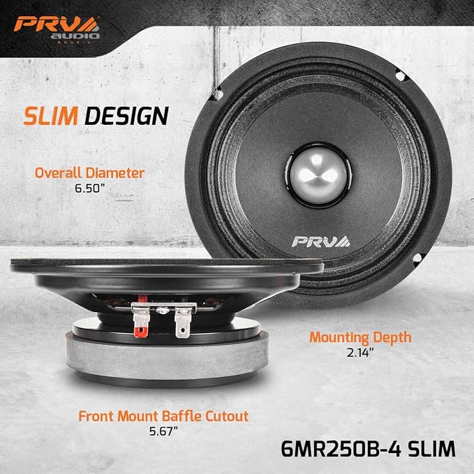 PRV AUDIO 2X 6MR250B-4 Slim Midrange 6.5" Shallow Bullet Speakers 250 Watts 4 Ohm, Slim Mount Car Audio Bullet Loudspeaker Compact for Doors with 1 Exclusive Lanyard (2 Speakers)