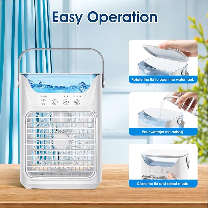 Portable Air Conditioner 4-in-1, Air Cooler with Humidifier, Desktop Cooling Fan, 700ML, 2 Cold Fog, 3 Automatic Timing, 7 Color Night Light