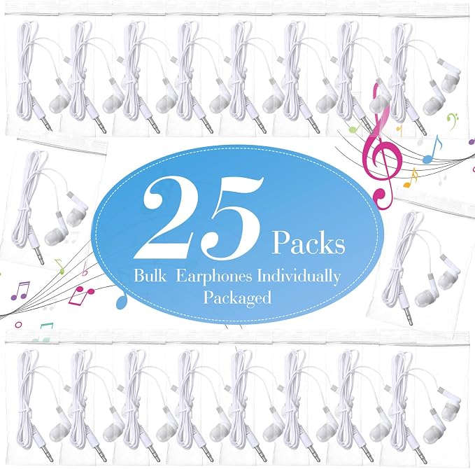 Konohan 25 Pcs Bulk Earbuds with Wire Basic Headphones in Ear for Libraries Laptop, No Microphone 3.5 mm Jack Earbuds Dot Headphones, Individually Bagged (White Gray)