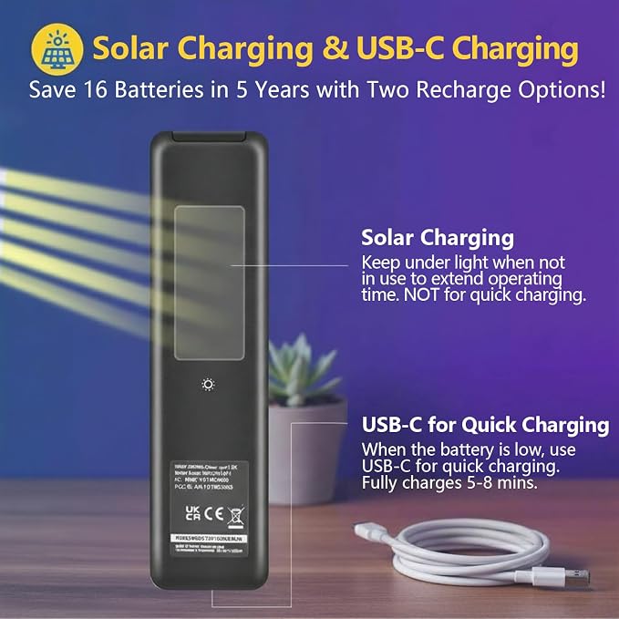Rechargeable Voice Remote for Samsung Smart TVs, Replacement for 2019–2026 Samsung TV Remote Control with Solar Charging and Voice Search. 2-Year Warranty.