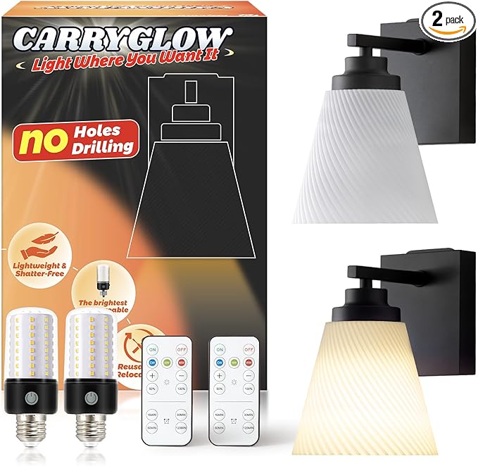 Neporal CARRYGLOW Battery Operated Wall Sconce, Peel and Stick No Drill Wall Lights Battery Operated, Rechargeable Wall Sconces for Bedroom, Living Room, Bathroom, Apartment, Renter Friendly