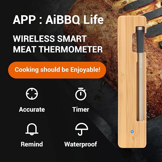Smart Bluetooth Meat Thermometer with Magnetic Mount, Wireless Digital Food Thermometer, App Controlled, IP68 Waterproof, Long Range for BBQ Grill Oven Smoker, Compatible with iOS & Android