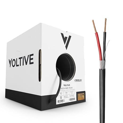 Voltive 18/2 Low Voltage Wire, in-Wall CL3 & Direct Burial, Black, 250ft - 18AWG, 2 Conductors, Stranded Bare Copper, UL Listed - V-1212-5