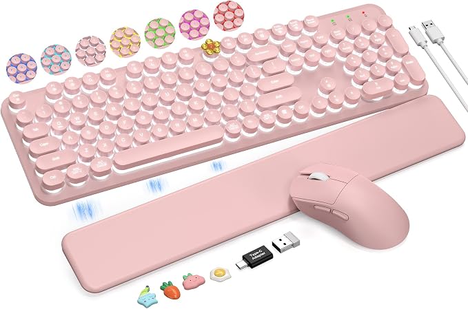 Wireless Keyboard and Mouse Backlit - Pink Typewriter Keyboard with Magnetic Wrist Rest, Retro Round Keycaps, Light Up Letters, 2.4GHz Cordless Combo for Windows, PC, Laptop, Trueque [Upgraded]