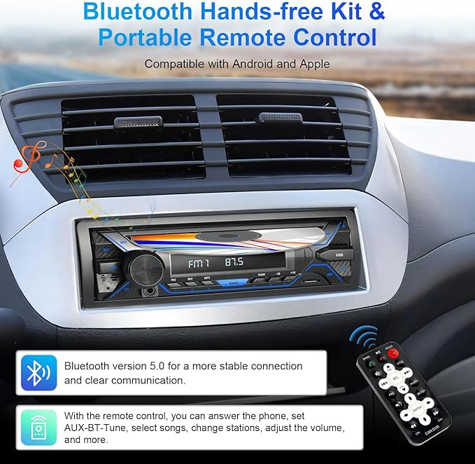 Single Din Bluetooth Car Stereo with CD DVD Player, Single Din Radio with Bluetooth AM/FM AUX/USB/SD Card Playback