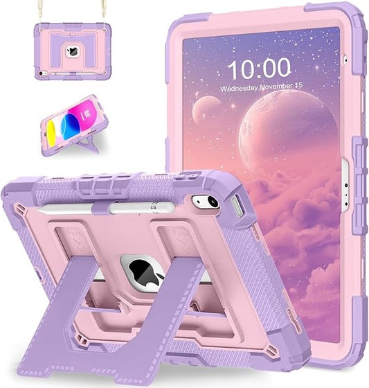 WESOROL Case for iPad A16 11th/10th Generation 2025/2022 with Pencil Holder Shoulder Strap iPad Case 10th Generation Shockproof Cover for iPad 11th/10th Gen Cases,Purple Rose