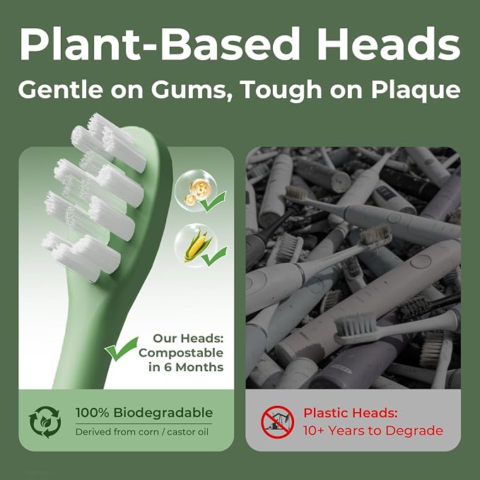 Oday Plant-Based Electric Toothbrush Heads, Long-Lasting Replacement Brush Heads, Compatible Only with Sonic Electric Toothbrush Green - Pack of 3
