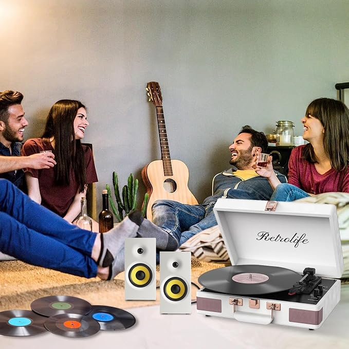 Record Player 3 Speed Bluetooth Portable Suitcase Vinyl Player with Built-in Speakers Turntable Enhanced Audio Sound PU Leather Vintage Turntable