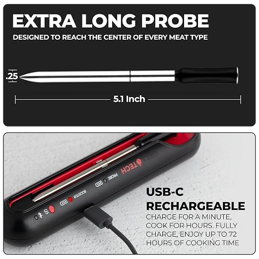 Grill Tech Smart Bluetooth Meat Thermometer Wireless Thermometer for Grilling and Smoking, Precision Accuracy, 950ft Range, USB-C Rechargeable Case, Grill Tech App for Grilling