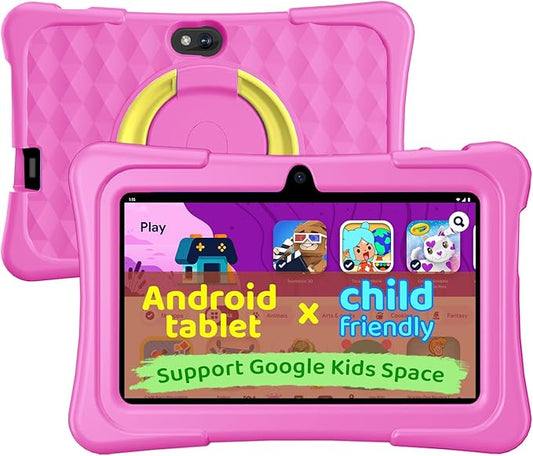 aiprotablet Kids Tablet, 7 inch Android Tablet for Kids, 6GB+32GB 1TB Expand, Quad-Core Toddler Tablets with Shockproof Case, BT, WiFi, Parental Control, Games, Dual Camera (Pink)