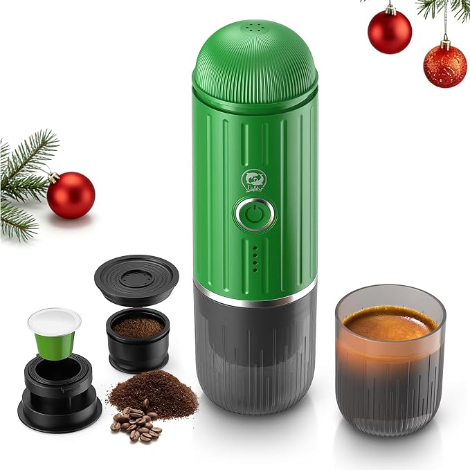 i Cafilas Portable Espresso Machine Self-Heating | Battery Powered Coffee Maker for Camping without Electricity| 2-in-1 Ground Coffee&NS Capsule|19 Bar| USB-C Fast Charge| Green Coffee Maker for Car