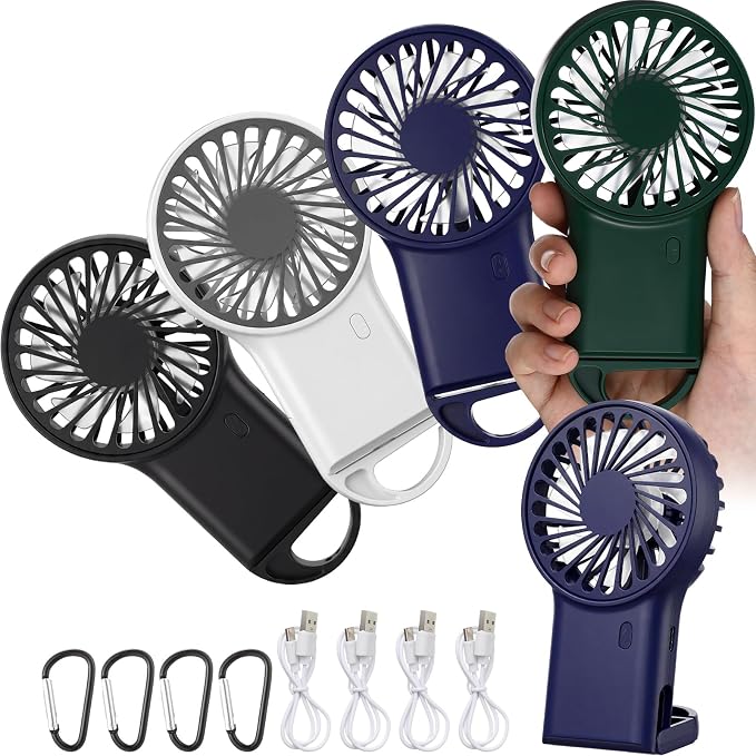 VIHOSE 4 Pcs Portable Hanging Fan, 3 Speeds Personal Rechargeable Desk Hand Held Small Fan with D Metal Hook for Cooling Small Personal Hands Outdoor Travel (Black,Dark Blue,Dark Green,White)