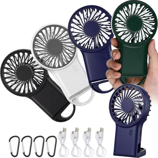 VIHOSE 4 Pcs Portable Hanging Fan, 3 Speeds Personal Rechargeable Desk Hand Held Small Fan with D Metal Hook for Cooling Small Personal Hands Outdoor Travel (Black,Dark Blue,Dark Green,White)