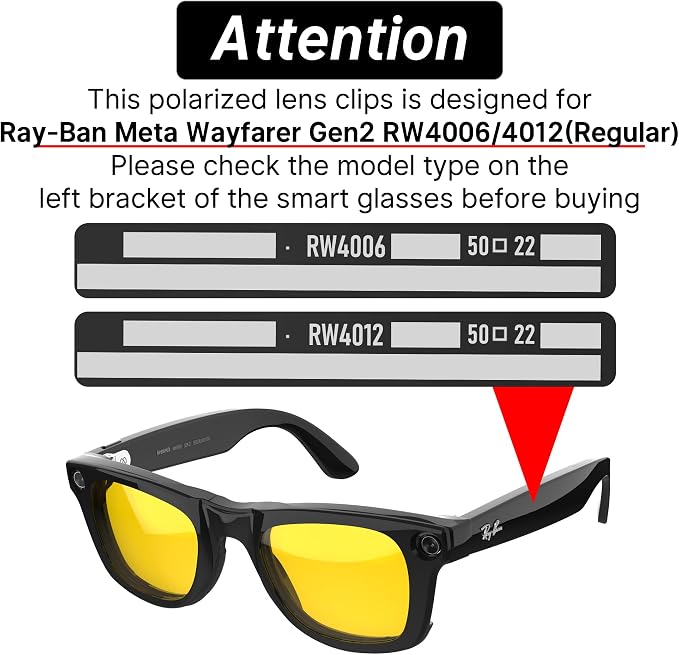 HIBLOKS 4Pcs Polarized Clip for Ray-Ban Meta Wayfarer RW4006 & Gen 2 RW4012 Regular (50-22), Shiny Black Frame Discoloration Clip-on for Meta Wayfarer Gen 2, (Black+Green+Brown+Yellow)