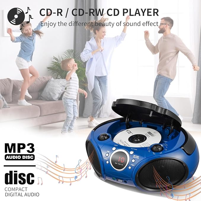 Singingwood Portable CD Player Boombox AM FM Radio, Bluetooth, USB Port CD-R/RW, MP3 CDs, 3.5mm Aux Input and Headphone Jack-Dual Power AC/Battery Stereo Sound System for Home & Outdoor (Blue)