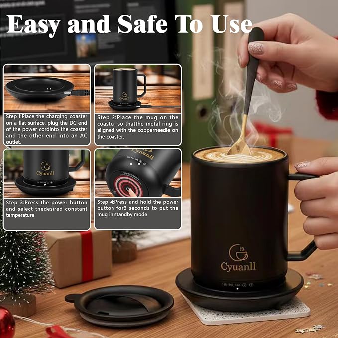 Upgraded Heated Coffee Mug with Auto Shut-Off Function,Self-Heating Temperature Control Mug with Lid and Spoon,Smart Mugs Warmer for Coffee,3 Temperature Settings,Gifts for Men and Women(Black-12 oz)