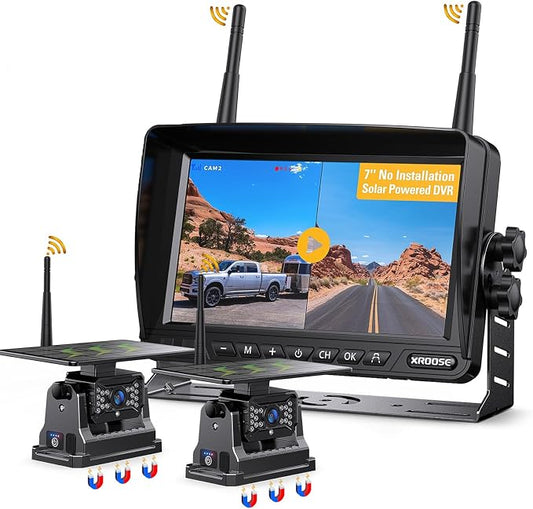 Dual Wireless Magnetic Backup Camera for Trailer,7” 1080P HD 4CH Monitor 2-Min Easy Install No Wiring 25H Long Battery Life 21000mAh Rechargeable No Delay Reverse Camera System for RV Truck