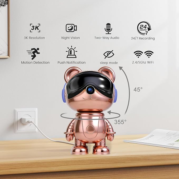 Cute Bear 3K Security Camera – Indoor WiFi Baby Monitor & Pet Camera with AI Motion Tracking & Auto-Follow, 5MP Pan/Tilt, Anti-Glare IR Night Vision, Privacy Mode, Works with Alexa & Google Home（TDB5）