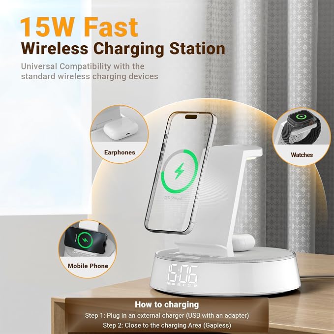 Alarm Clock with Wireless Charging Station, Clock for Bedroom with Night Light Bluetooth Speaker, Wireless Charger Dock Station for iPhone 17 16 15 14 13 12 Pro Max, Apple Watch 11, AirPods 3 (White)