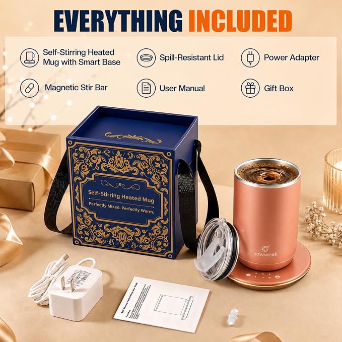 Self Stirring Heated Coffee Mug, 10 oz Auto Magnetic Mixing Cup, DustyRose | 304 stainless steel interior. Includes 3 heat settings, 8H auto shut-off, plug-in base for home office desk