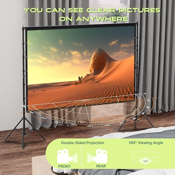 AAJK 120in Outdoor Projector Screen with Stand,Portable 16:9 4K HD Indoor Outdoor Projection Screen with Wrinkle-Free Design, Ideal for Home Theater and Backyard Cinema – Includes Carry Bag